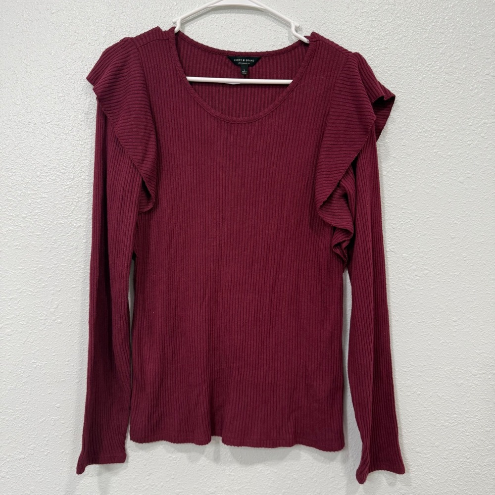 Lucky Brand Womens Ruffle Shoulder Ribbed Long Sleeve Top Burgundy Wine Large